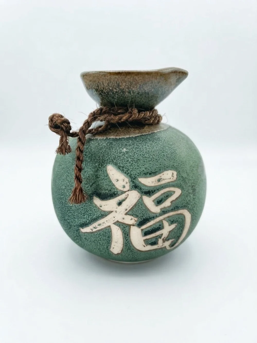 Vintage Japanese Ceramic Tokkuri Sake Flask Green Glaze Rope Accent 4.5